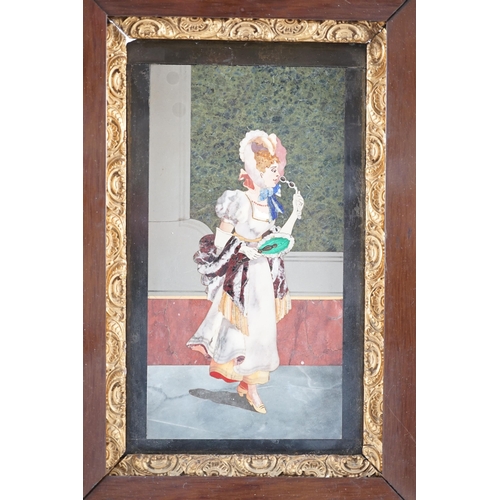 27 - An early 20th century Italian pietra dura plaque depicting an elegant lady holding a lorgnette and f... 