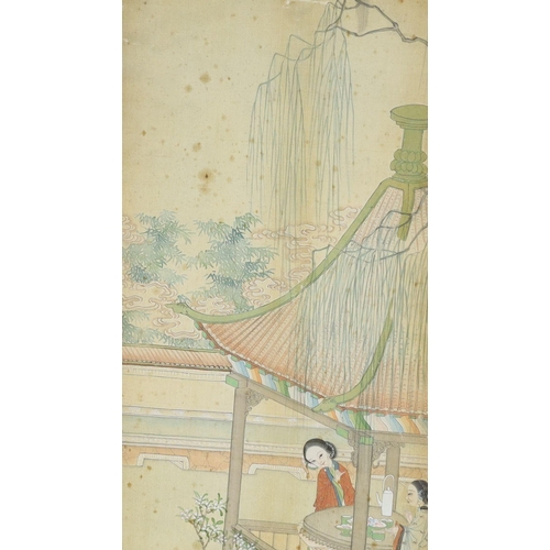 270 - A set of four Chinese paintings on silk of ladies in pavilion gardens, 19th century each image 82 cm... 