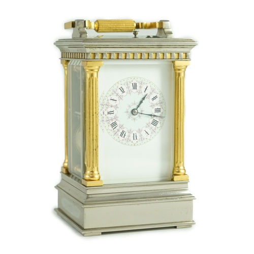 274 - A  late 19th century French hour repeating silvered and gilt brass carriage clock, in architectural ... 