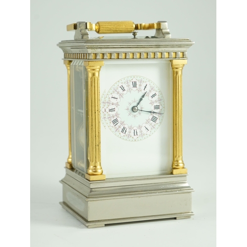 274 - A  late 19th century French hour repeating silvered and gilt brass carriage clock, in architectural ... 