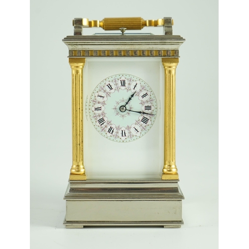 274 - A  late 19th century French hour repeating silvered and gilt brass carriage clock, in architectural ... 