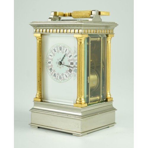 274 - A  late 19th century French hour repeating silvered and gilt brass carriage clock, in architectural ... 