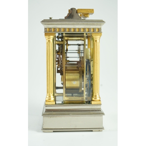 274 - A  late 19th century French hour repeating silvered and gilt brass carriage clock, in architectural ... 