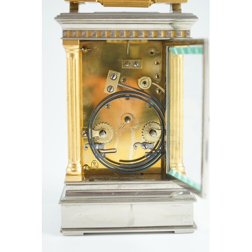 274 - A  late 19th century French hour repeating silvered and gilt brass carriage clock, in architectural ... 