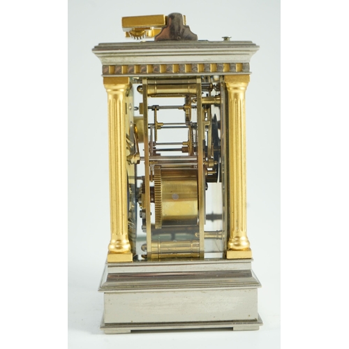 274 - A  late 19th century French hour repeating silvered and gilt brass carriage clock, in architectural ... 