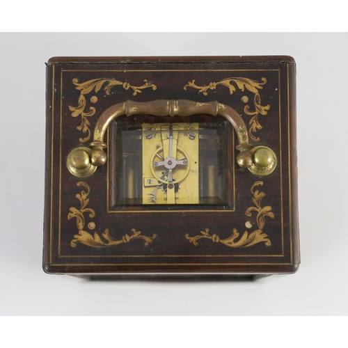 275 - Paul Garnier of Paris. A mid 19th century French inlaid rosewood travelling carriage timepiece, with... 