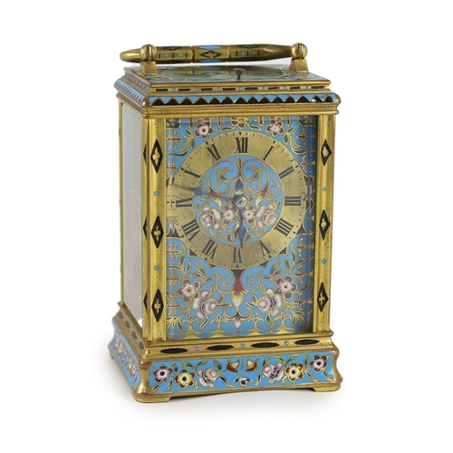 277 - Alfred Drocourt of Paris. A mid 19th century French ormolu and champleve enamel hour repeating carri... 