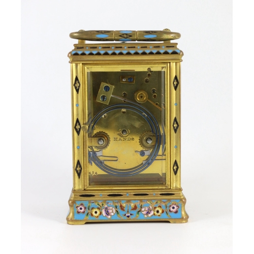 277 - Alfred Drocourt of Paris. A mid 19th century French ormolu and champleve enamel hour repeating carri... 