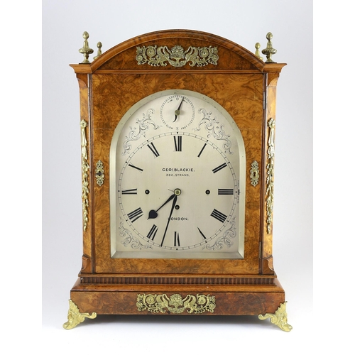 279 - George Blackie, 392 Strand, London. A late Victorian figured walnut repeating chiming bracket clock,... 