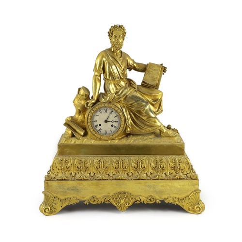 281 - A mid 19th century French ormolu mantel clock, modelled with a seated philosopher holding a tablet i... 