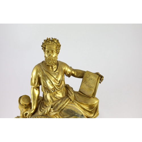 281 - A mid 19th century French ormolu mantel clock, modelled with a seated philosopher holding a tablet i... 