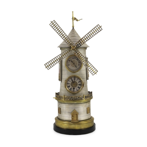 283 - A 19th century French industrial windmill clock, by Guilmet the silvered brass case with turret top ... 