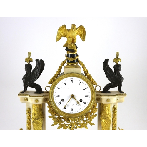 284 - Jean Baptiste Dubuc L'ne à  Paris.  A Louis XVI bronze and ormolu mounted white marble mantel clock,... 