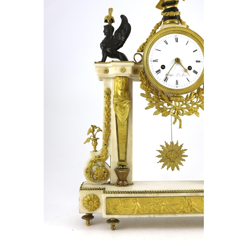 284 - Jean Baptiste Dubuc L'ne à  Paris.  A Louis XVI bronze and ormolu mounted white marble mantel clock,... 