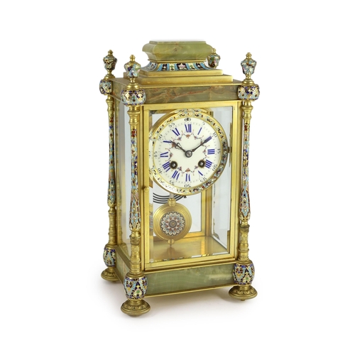 285 - An early 20th century French ormolu and champleve enamel four glass mantel clock, with architectural... 