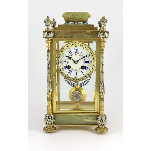 285 - An early 20th century French ormolu and champleve enamel four glass mantel clock, with architectural... 