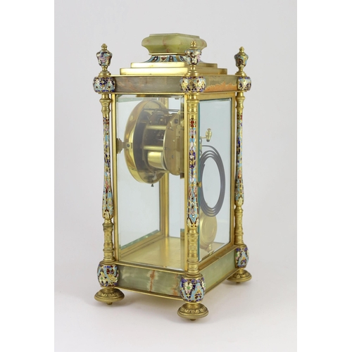 285 - An early 20th century French ormolu and champleve enamel four glass mantel clock, with architectural... 