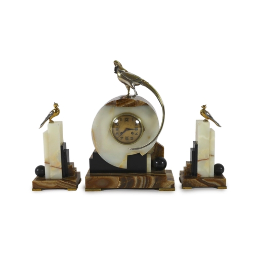 288 - F.H. Danvin. A 1930's French Art Deco bronze mounted onyx and marble clock garniture, the central ma... 