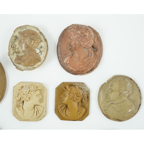 29 - An antique hardstone cameo of Hermes and nine Italian lava cameos largest 2.75 x 2.25cm.