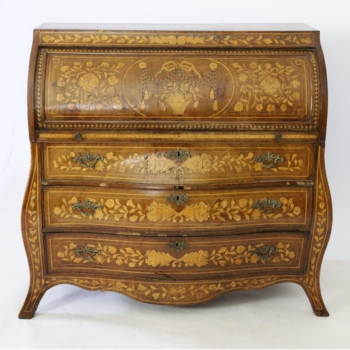 299 - An early 19th century Dutch walnut and floral marquetry bombe cylinder bureau, inlaid throughout wit... 