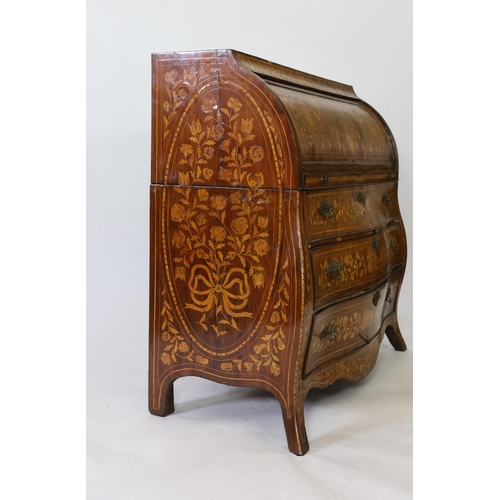 299 - An early 19th century Dutch walnut and floral marquetry bombe cylinder bureau, inlaid throughout wit... 