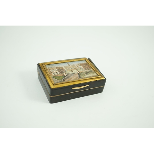 30 - A 19th century French micro mosaic topped gold mounted tortoiseshell snuff box, of rectangular form,... 