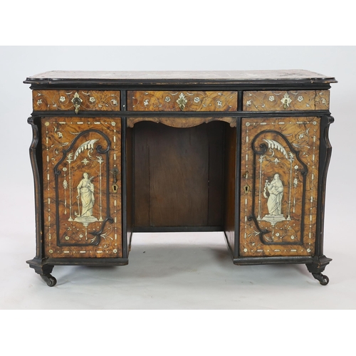 302 - An important 18th century Lombardy ebony banded walnut and ivory inlaid twin pedestal desk, the top ... 