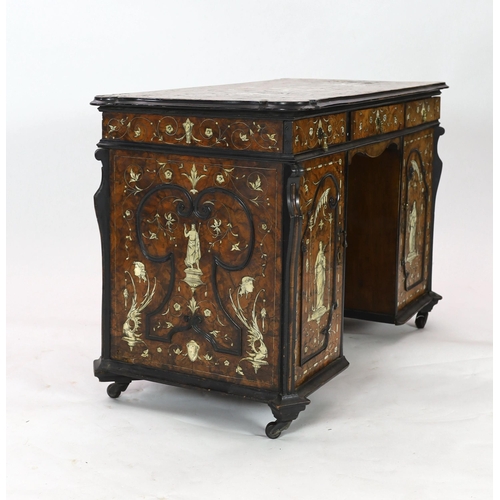 302 - An important 18th century Lombardy ebony banded walnut and ivory inlaid twin pedestal desk, the top ... 