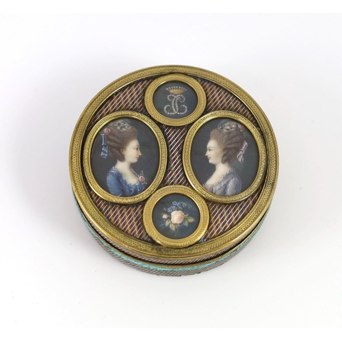 31 - A late 18th century tortoiseshell poudre d'écaille box, the cover inset with two portraits of young ... 