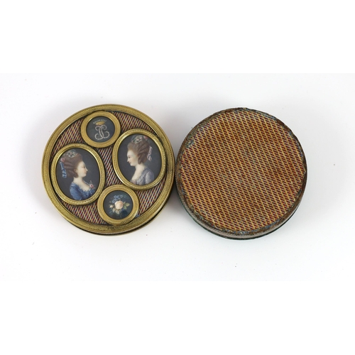 31 - A late 18th century tortoiseshell poudre d'écaille box, the cover inset with two portraits of young ... 