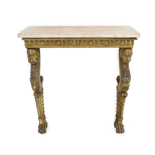 313 - An early 19th century giltwood console table, in the manner of George Bullock, with rectangular whit... 