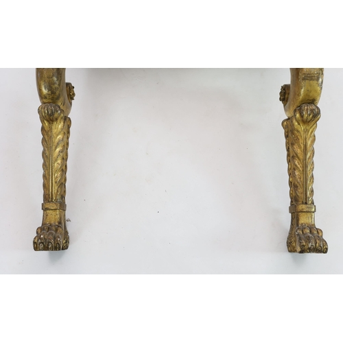 313 - An early 19th century giltwood console table, in the manner of George Bullock, with rectangular whit... 