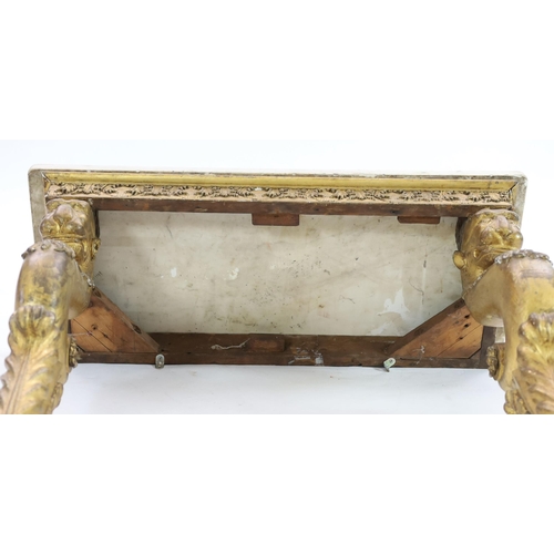 313 - An early 19th century giltwood console table, in the manner of George Bullock, with rectangular whit... 