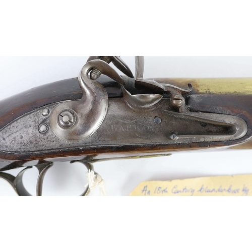 33 - An 18th century James Barbar flintlock blunderbuss with 36cm brass barrel signed London and lock sig... 