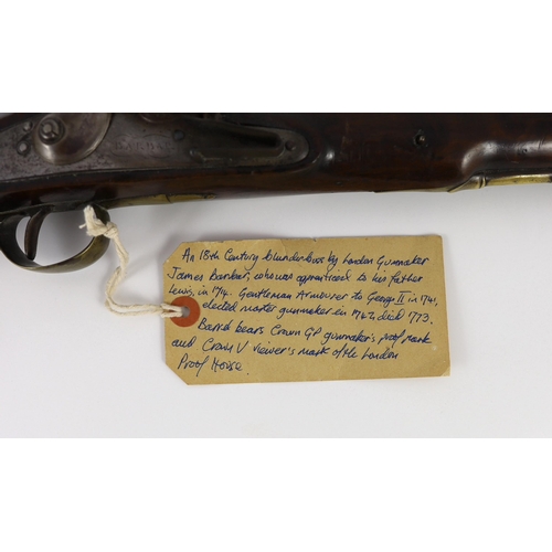 33 - An 18th century James Barbar flintlock blunderbuss with 36cm brass barrel signed London and lock sig... 