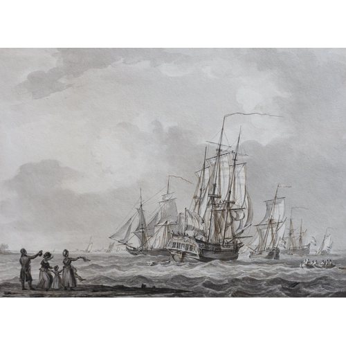 360 - William Anderson (1757-1837) Shipping leaving harbour, figures on the shore waving farewellink and w... 