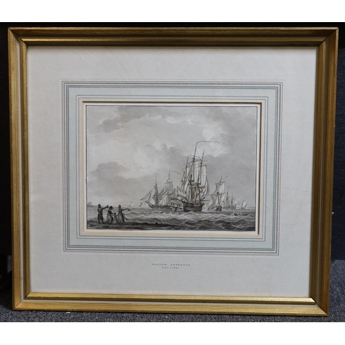 360 - William Anderson (1757-1837) Shipping leaving harbour, figures on the shore waving farewellink and w... 