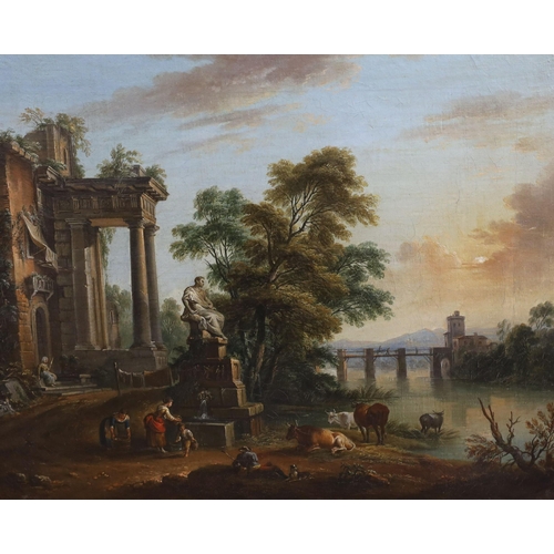 365 - Jean Baptiste Lallemand (French, 1716-1808) Travellers in Italianate landscapes with classical ruins... 