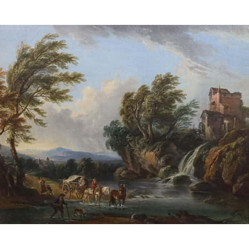 365 - Jean Baptiste Lallemand (French, 1716-1808) Travellers in Italianate landscapes with classical ruins... 