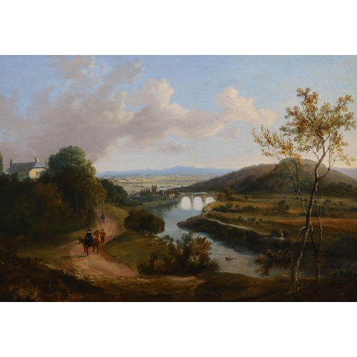 366 - Attributed to John Laporte (1769-1839) Extensive river landscape with clergyman and other figures on... 