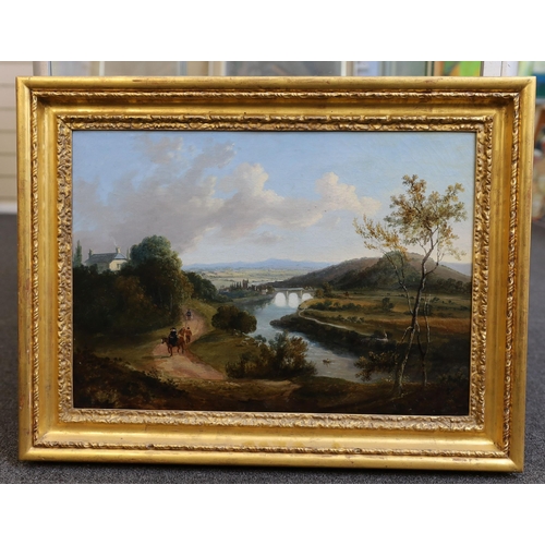 366 - Attributed to John Laporte (1769-1839) Extensive river landscape with clergyman and other figures on... 