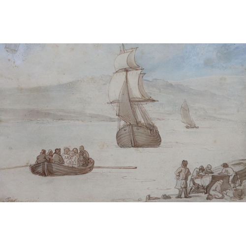 369 - Thomas Rowlandson (1756-1827) 'Embarking', coastal scene with figures in a rowing boat, a sailing sh... 