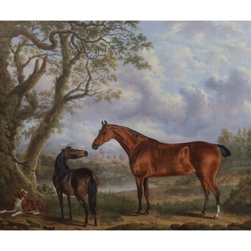 374 - Charles Towne (1763-1840) Two horses and a dog in a landscape, a castle beyondoil on canvassigned an... 