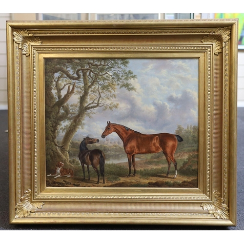 374 - Charles Towne (1763-1840) Two horses and a dog in a landscape, a castle beyondoil on canvassigned an... 