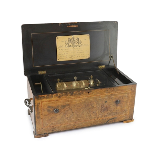 43 - A 19th century Swiss ten air inlaid walnut musical box, in plain rectangular case, the movement with... 