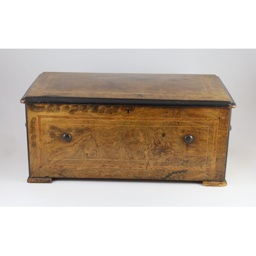 43 - A 19th century Swiss ten air inlaid walnut musical box, in plain rectangular case, the movement with... 