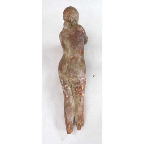 48 - In the manner of Marino Marini, a terracotta sculpture, reclining female nude Length 120cm.