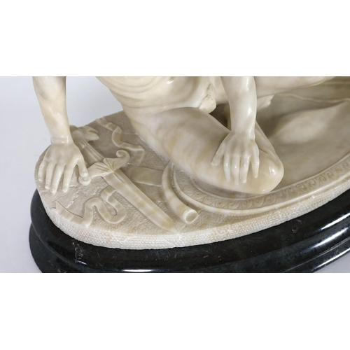 50 - A late 19th century carved alabaster model of The Dying Gaul, on integral oval base, and moulded gre... 