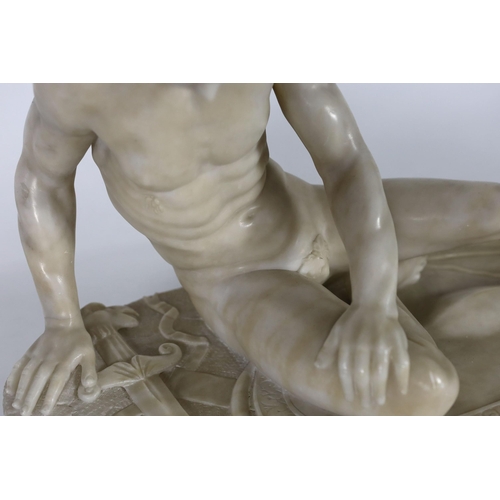 50 - A late 19th century carved alabaster model of The Dying Gaul, on integral oval base, and moulded gre... 