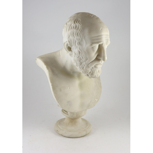 51 - A 19th century Italian carved white marble bust of a bearded man, on matching socle, width 31cm, hei... 